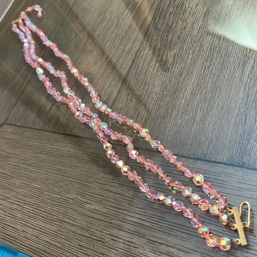 Vintage Three Strand Pink AB Crystal Necklace - Choker